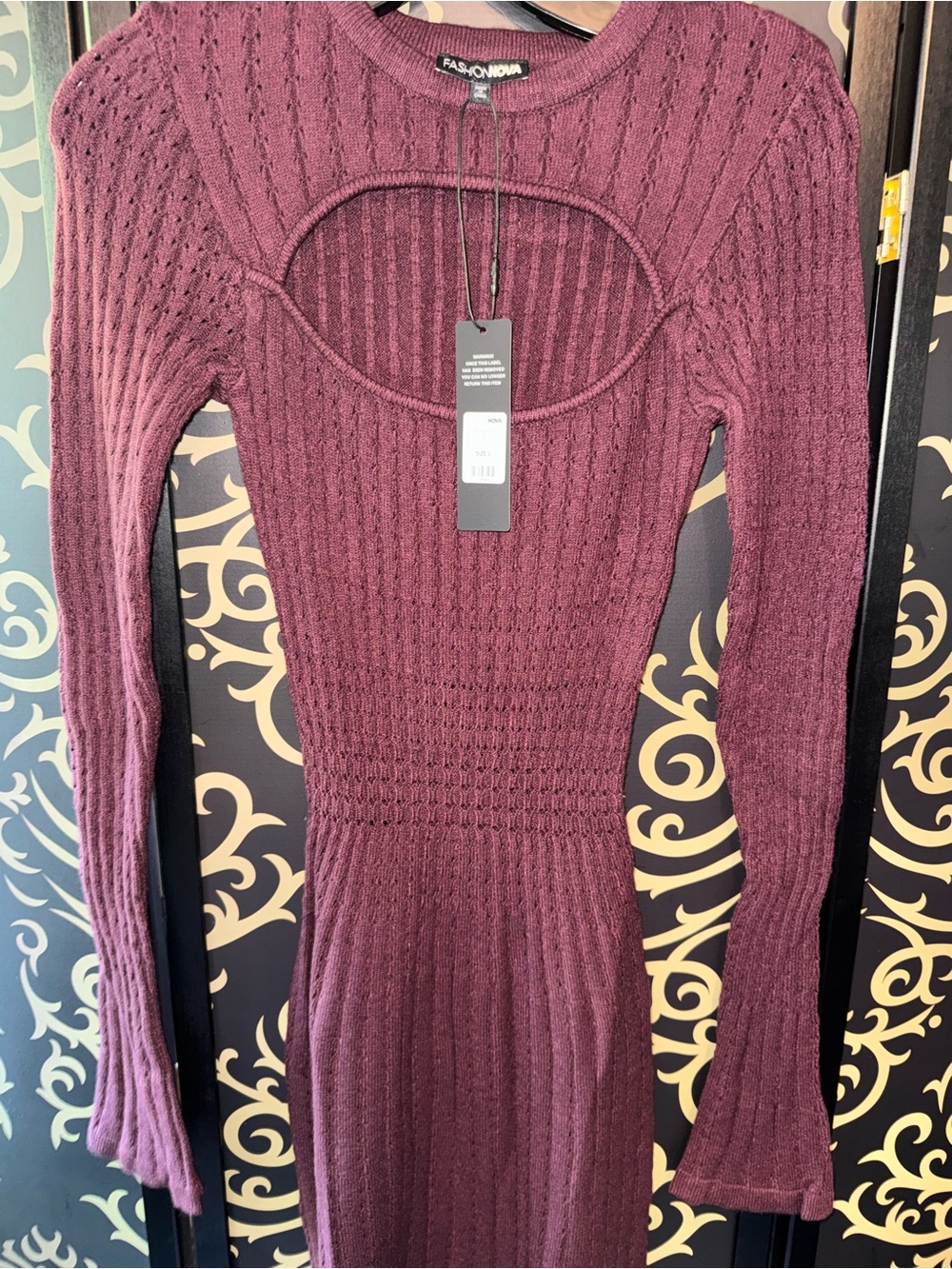 Fashion Nova Plum Knit Long-Sleeve Bodycon Dress with Chest Cutout